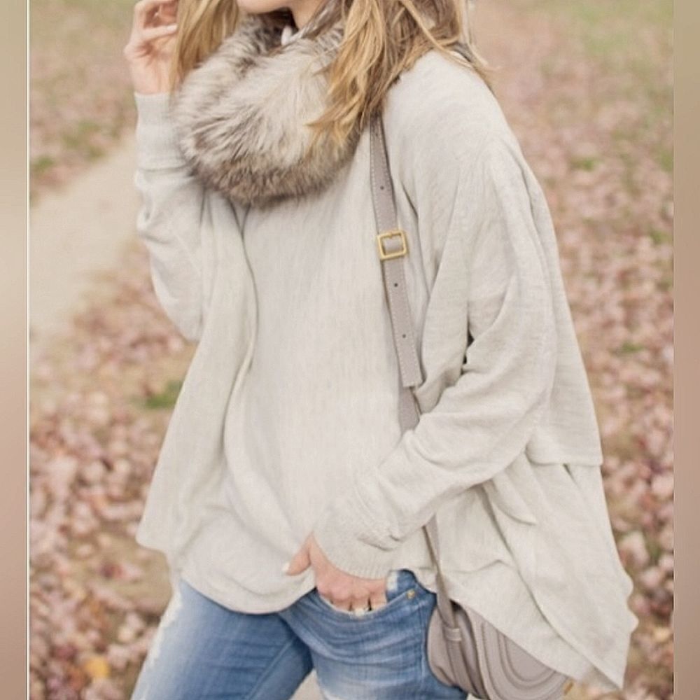 Knox Rose Women's Gray Long Sleeve Knitted Poncho Pullover Sweater